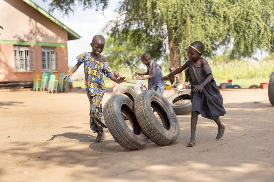 Refugee Settlement Child survivors of war in South Sudan play at our Child-Friendly Space in Uganda’s Palorinya Refugee Settlement.