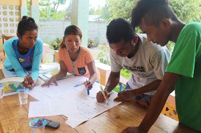 group standing at table writing 